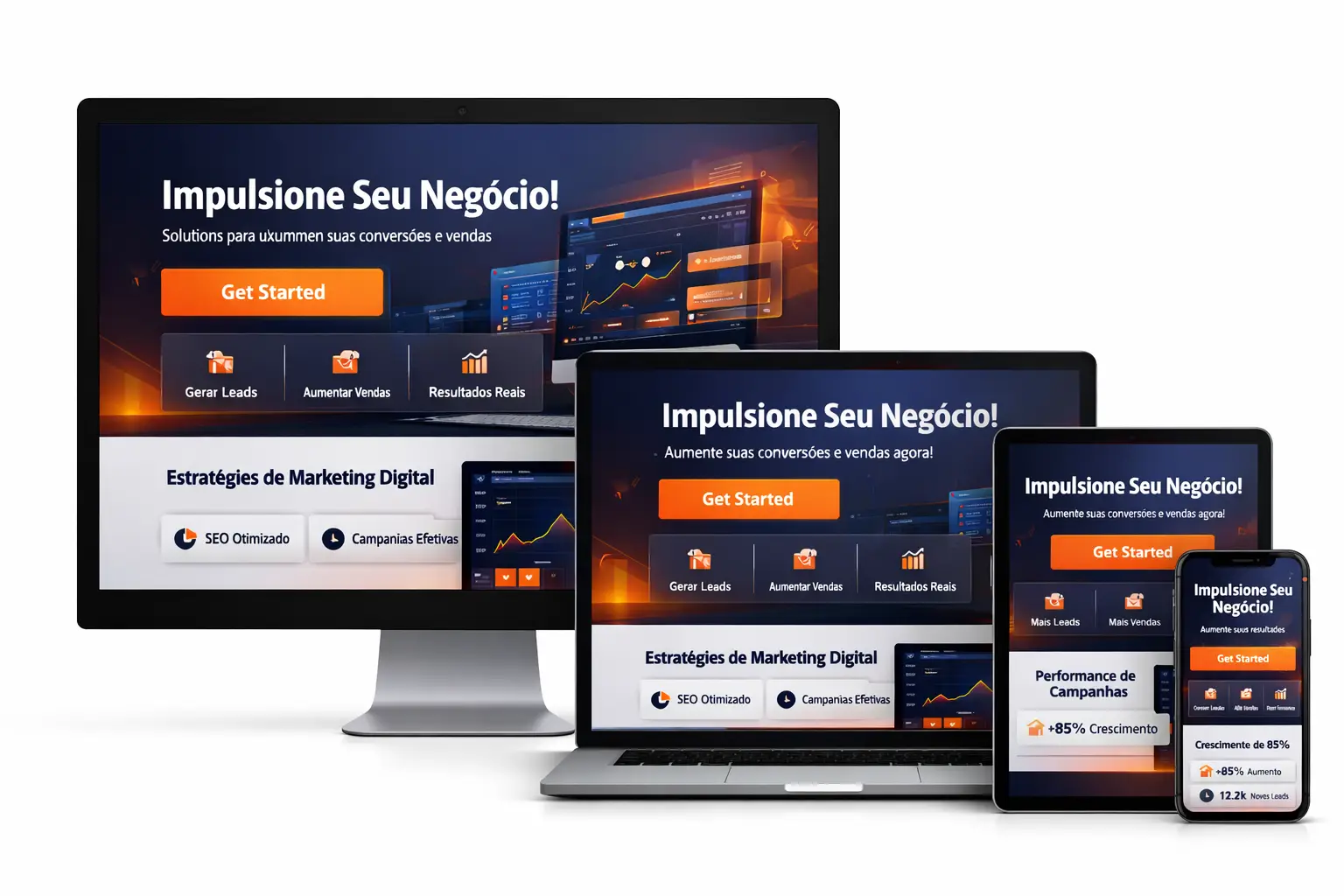 Apresentação de design responsivo contendo um monitor, notebook, tablet e celular exibindo o design responsivo de uma página de marketing digital com o título 'Impulsione Seu Negócio!'.